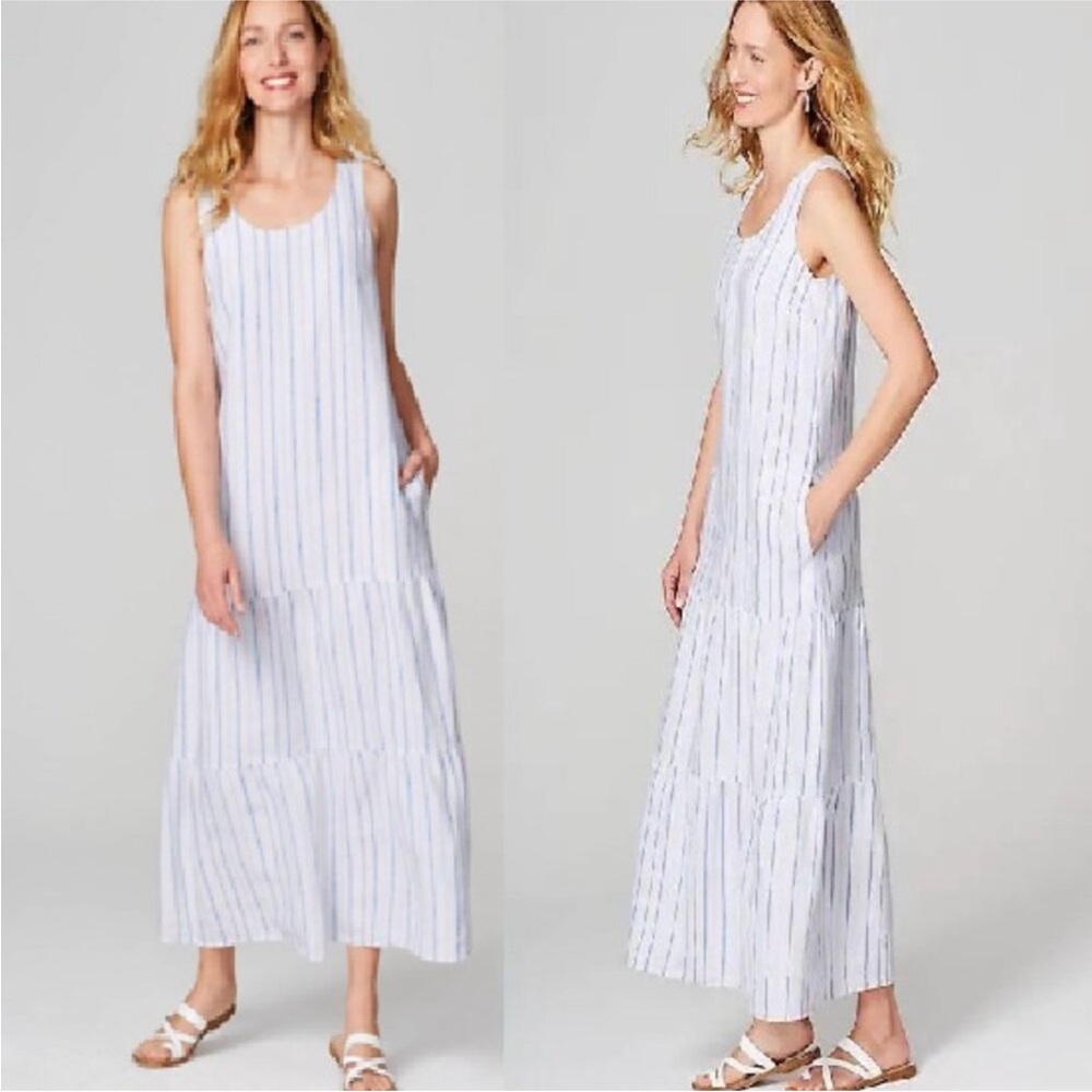 J. Jill Love Linen Dress Small White Blue Sleeveless Striped Lined Tiered